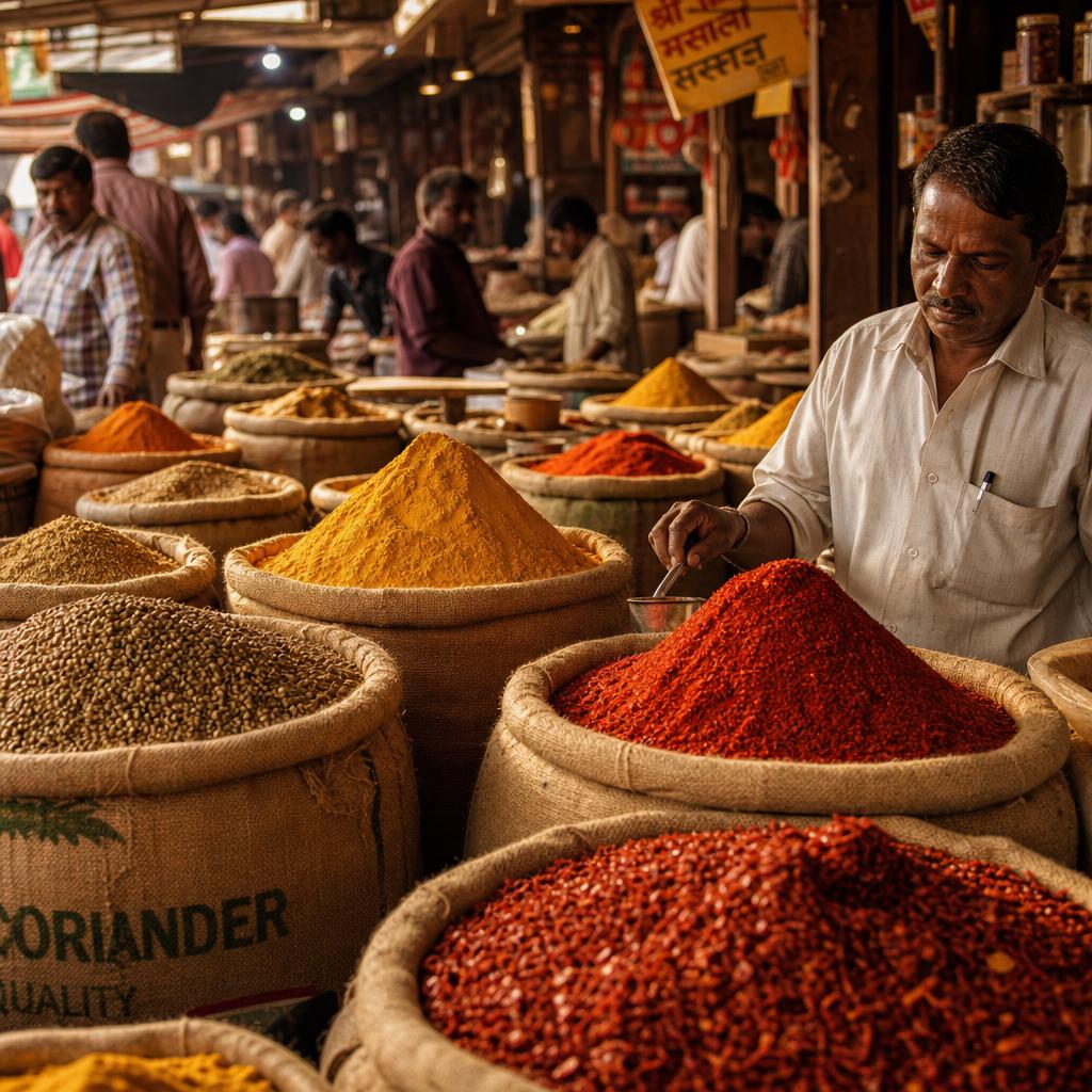 Sacks of ground masala at the Rajiv Karyana Store counter in Ludhiana